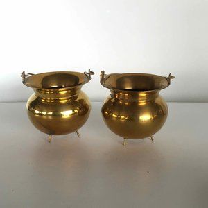 2 x Vintage Small Сopper Сauldrons on Brass Legs with Handle